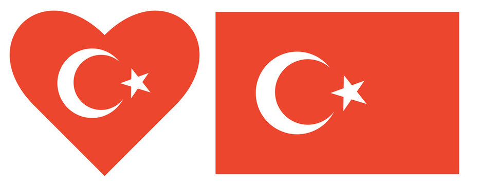 Flags of Turkey set. Flag of Turkey isolated in heart shape. Rectangular flag of Turkey isolated