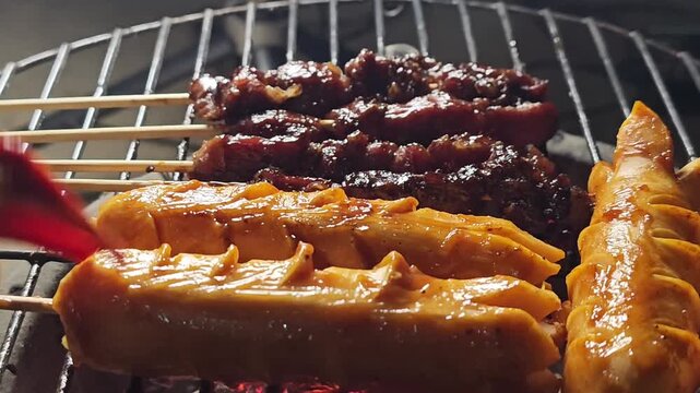 Close-up of savory skewers being basted with sauce on a hot charcoal grill