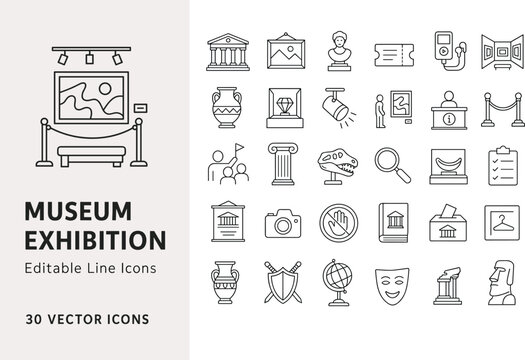 A professional set of thirty museum exhibition line icons. Featuring art, history, and gallery symbols for educational projects, museum websites, and cultural event design applications.
