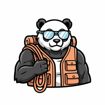 Cartoon Panda Bear Explorer Wearing Backpack and Vest.
