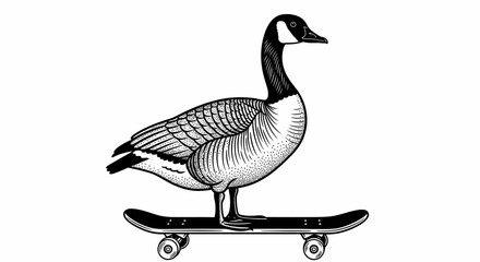 Canadian goose, skateboard, black and white illustration, vector icon, animal on skateboard © Seth