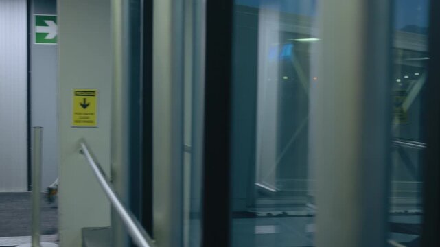 Young boy in casual blue shirt walks through modern airport terminal at dusk.