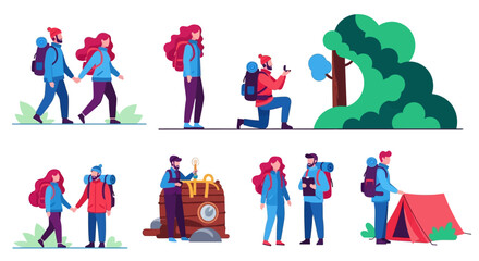 Fototapeta premium Hiking, camping, travel icons, colorful vector illustrations, outdoor adventure graphics, 8 elements
