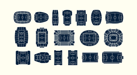 Collection of minimalist soccer stadium and football arena top view icons for architectural maps © vectorial