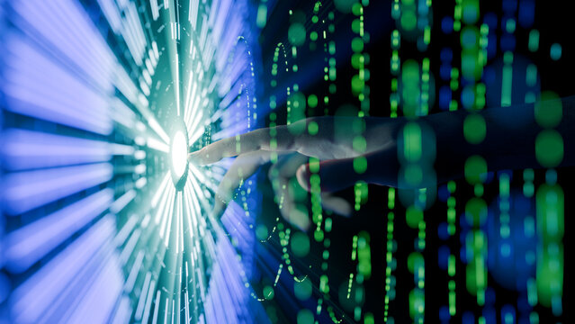 3d rendered human hand interacting with abstract digital interface