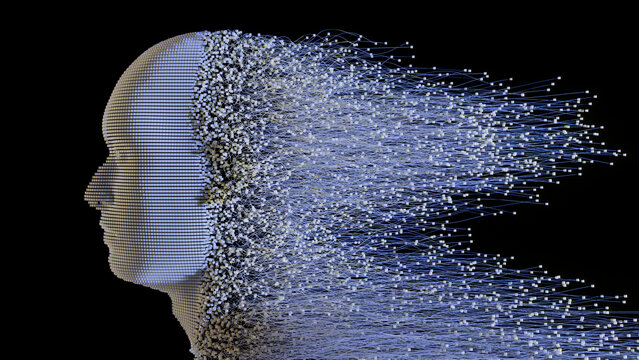 3D render of a human head dissolving into digital data particles and neural network streams.