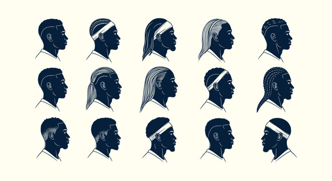 Collection of diverse African American male profile illustrations with various hairstyles and cuts
