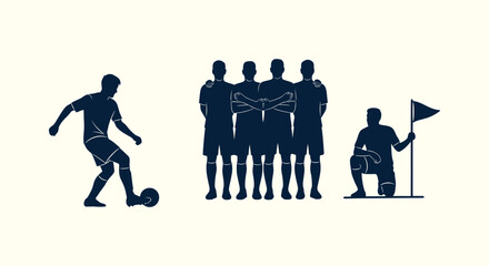 Soccer silhouettes set with player kicking ball team standing together and player with corner flag. © vectorial