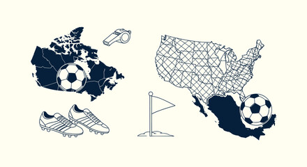 Soccer Football World Cup 2026 Tournament in North America Canada USA Mexico Vector Map Icons Set © vectorial