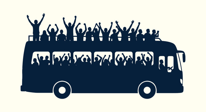 Vector Silhouette of a Crowded Double Decker Tour Bus with Happy Passengers Cheering and Waving.