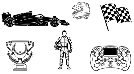 Obraz premium Formula 1 Racing Car Vector Illustration Set - Motorsport Driver, Helmet, Trophy, and Racing Car Silhouettes and Line Art Bundle