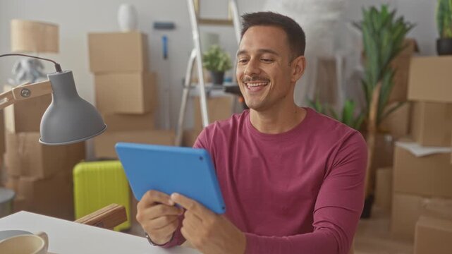 Young man with moustache holding blue tablet and smiling in living room with packed moving boxes; contentment moving transition.