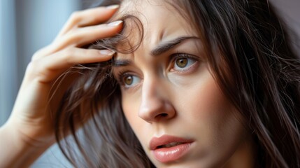 Fototapeta premium woman very sad and upset looking at damaged hair, hair loss, hair thinning problem, vitamin deficiency, baldness, postpartum, biotin, zinc, menstrual or endocrine disorders, hormonal imbalance