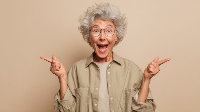 hooray elder woman indicate empty space wear spectacles shirt isolated on color background, joyful, cheerful, adult, achievement, retirement, happy, happiness, success