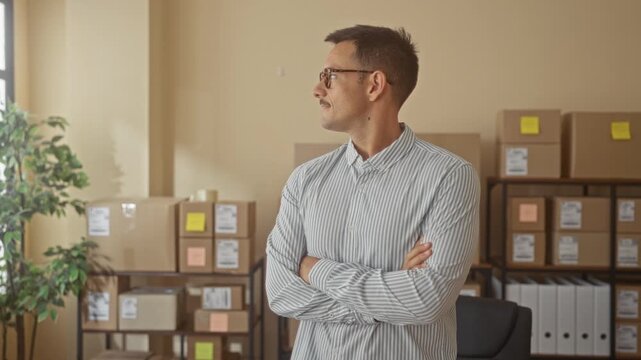 Man with moustache and glasses arms crossed beside stacked shipping boxes and shelving in a building, facing sideways with a slight smile; confidence entrepreneurship planning.