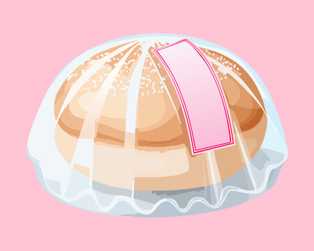 Soft round bread bun pastry in clear plastic wrapper package with pink stripe label for bakery sweet snack - Vector Illustration