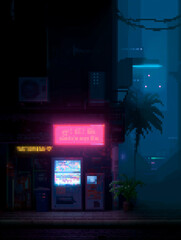 Naklejka premium Neon Storefront On Dark Rainy City Street