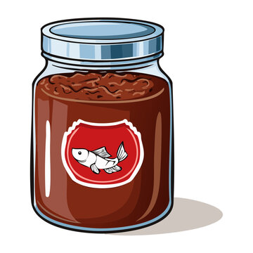 Glass jar containing dark brown jam chocolate spread paste sauce with fish logo label emblem graphic asset - Vector Illustration