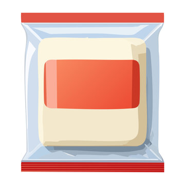 Clear plastic wrapper pouch bag packet with orange red rectangular block label design for snack bar item - Vector Illustration