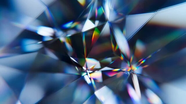 Macro tracking slow dolly shot of crystal prism facets refracting and reflecting light on tabletop studio closeup