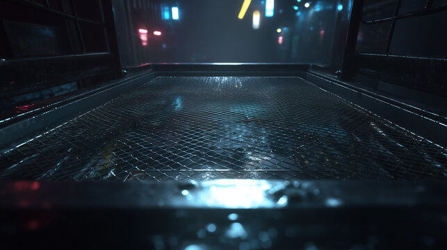 Dark Wet Metal Ramp In Futuristic Night Interior