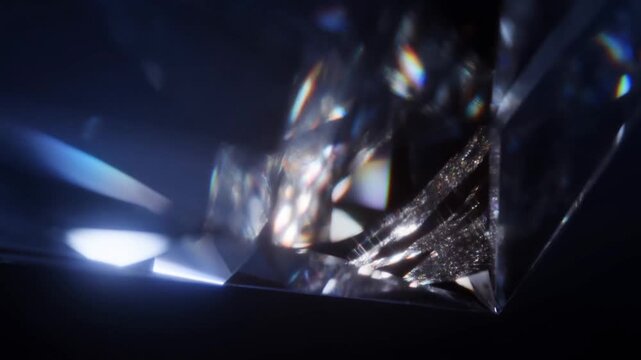 Slow motion tracking close up of diamond facets rotating and reflecting light on dark studio tabletop with shimmering prism flashes and dramatic moody lighting