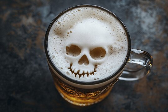 Top view of beer mug with skull shape in foam. Concept for alcoholism and alcohol related deaths. Generative Ai, AI generated