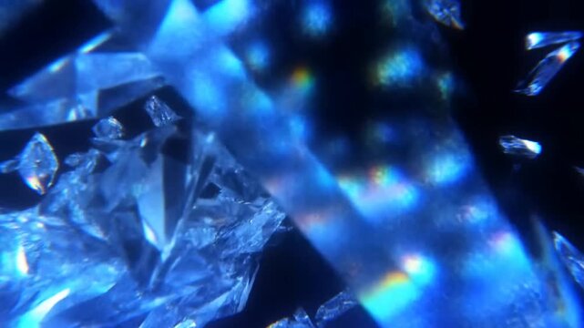 Slow motion tracking shot of crystal shards drifting and rotating toward viewer against dark studio background with blue refracted light
