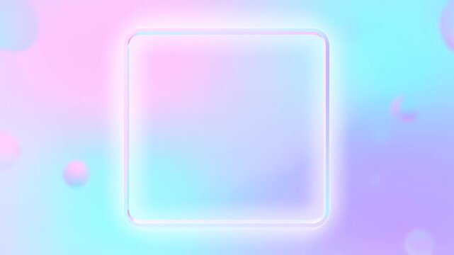 Slow motion tracking shot of floating glass rounded square drifting over pastel gradient abstract backdrop