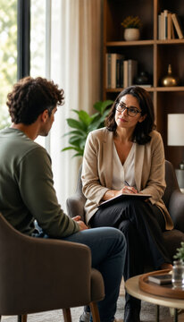 Two people engaged in conversation in a cozy therapy session