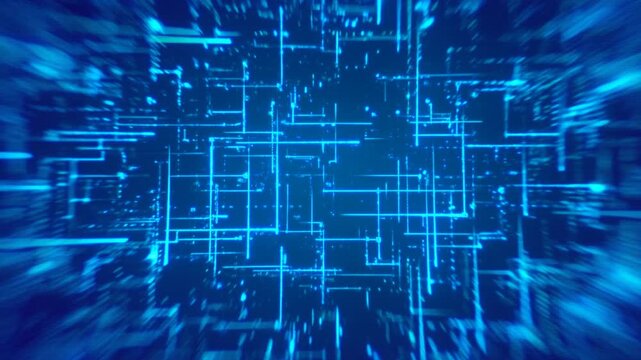 Tracking shot of digital circuitry grid zooming forward through neon blue network interface in virtual cyberspace matrix