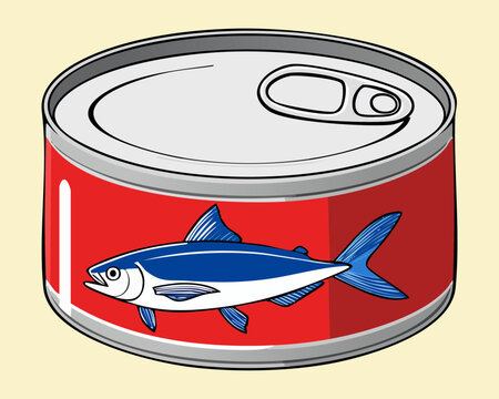 Preserved blue ocean tuna fish tin can container with detailed marine animal graphic illustration branding seafood protein pantry metal aluminum canned - Vector Illustration
