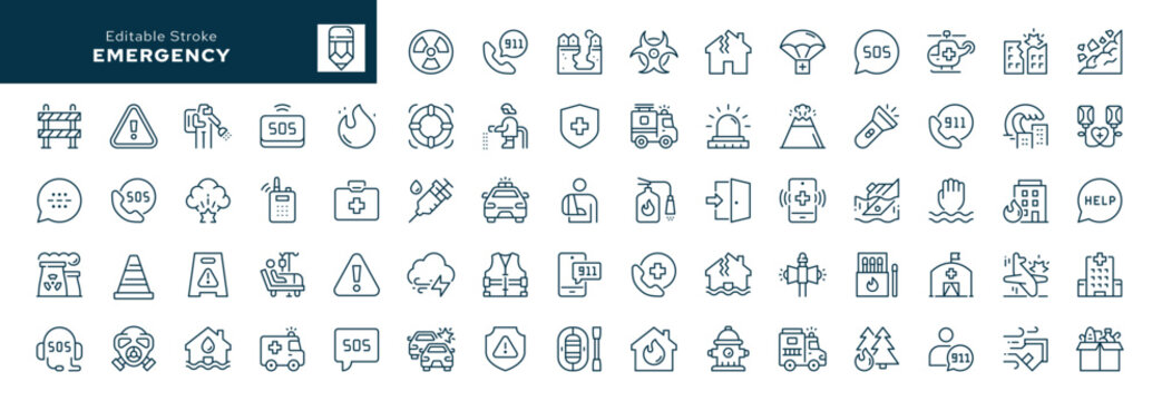 Emergency outline icons set. Dangerous situation and incident, disaster, accident. Help and salvation. Line icon in linear style. Vector collection	
