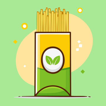 Bright yellow cardboard vertical box packed with dry Italian spaghetti sticks featuring organic green leaf logo label - Vector Illustration