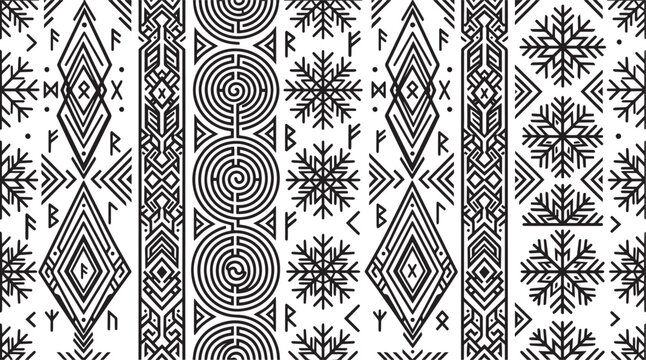 Nordic viking seamless pattern with winter snowflakes