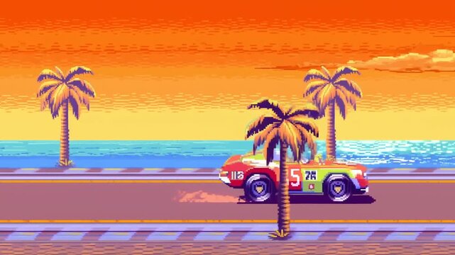 Tracking shot of retro pixel racing car speeding along seaside road with palm trees and ocean sunset in vibrant arcade style