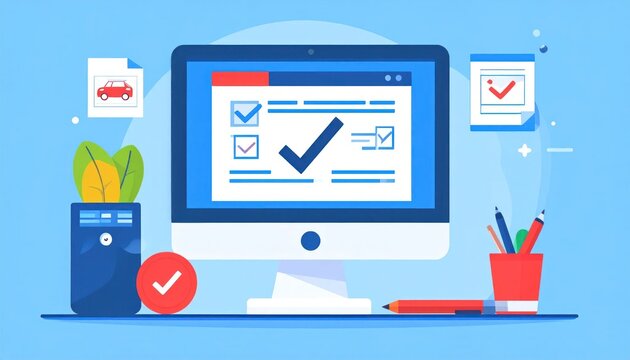 Online Survey and Checklist Completion on Computer Screen.