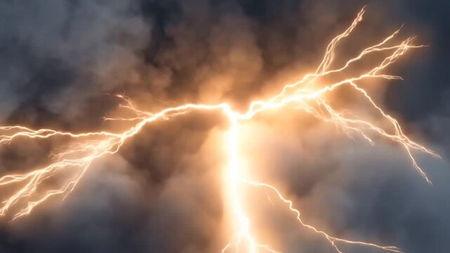 Slow motion tracking zoom of lightning bolt striking and branching through storm clouds in turbulent sky atmosphere