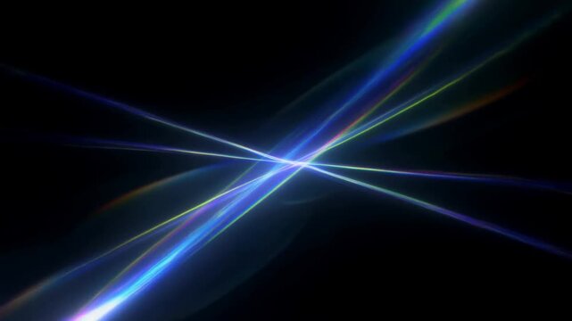 Slow motion static shot of intersecting light beams and prism flare radiating and refracting across black studio background with iridescent streaks
