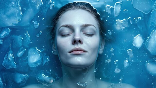 Serene young woman floating in blue water with ice cubes. Top view of calm female face with closed eyes in cold liquid.