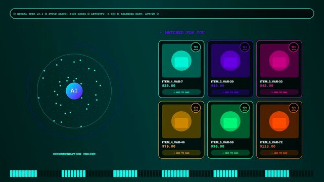 A digital social commerce overlay displays animated glowing product cards with pricing data and metrics within a modern virtual recommendation engine for e commerce shoppers online