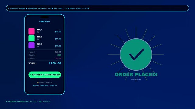 A social commerce overlay showing a mobile checkout process with loading progress circles and a successful transaction confirmation graphic displayed on a dark blue digital interface