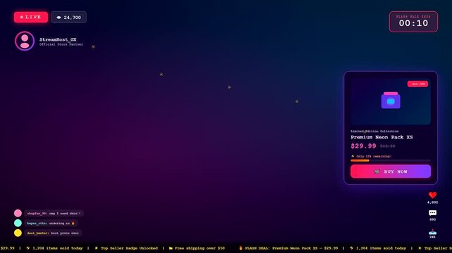 a vibrant social commerce overlay interface displayed on a dark gradient screen during a live stream broadcast session showing limited edition product purchase timers and notifications