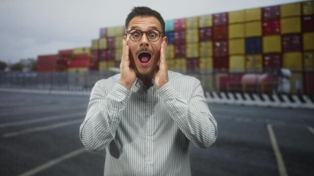 Hispanic man with mustache and glasses cups hands on cheeks in a shipping port by stacked containers and asphalt lot; surprise curiosity.