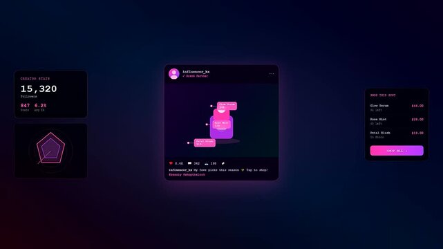 A social commerce overlay display showcasing digital product purchase statistics and user interaction metrics floating above a dark gradient surface with neon purple luminous interface elements