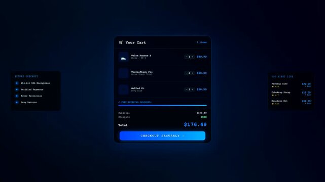 a social commerce overlay interface animates through multiple stages displaying cart item additions price updates and progress bars for shipping thresholds on a dark screen