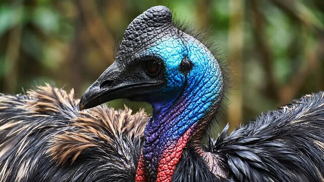 Close-Up Portrait Of A Colorful Cassowary Bird Featuring Vibrant Blue And Red Plumage With Detailed Feathers In A Natural Habitat Background