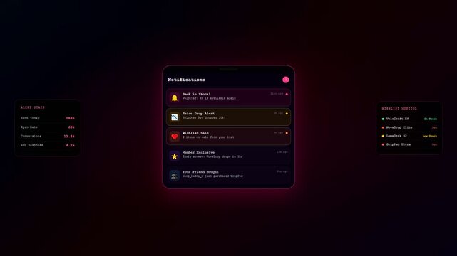 A digital social commerce overlay displays animated notification lists on a glowing dark screen interface representing modern marketing interactions for online retail store customer management