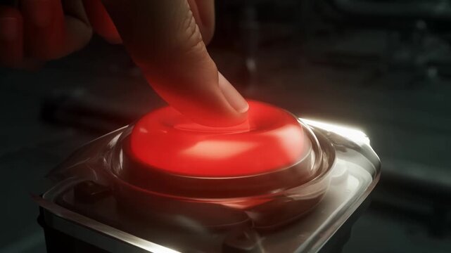 Slow motion tracking shot of finger pressing red emergency button on metal control panel in dim industrial factory environment