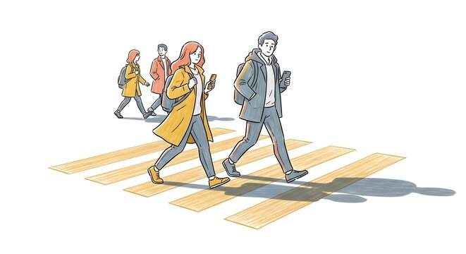 Pedestrians Crossing City Street on Yellow Zebra Crossing.
